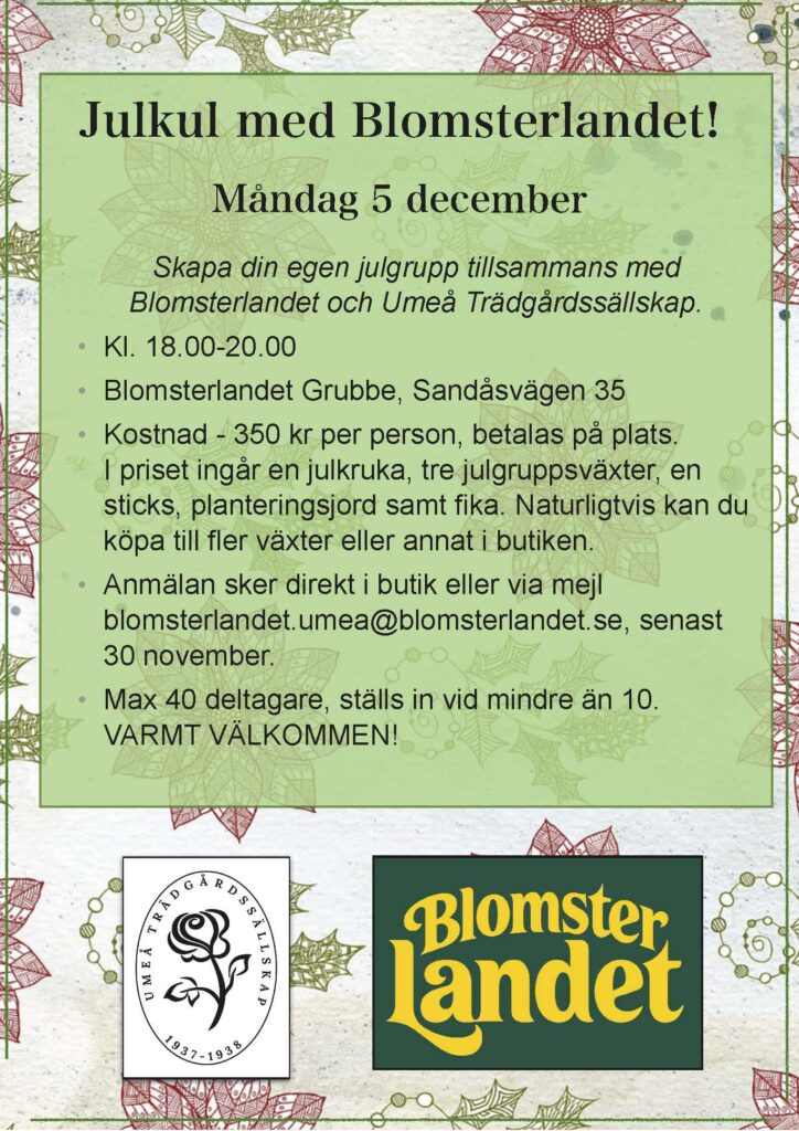 Affisch för julkul på Blomsterlandet den 5 december 2022.